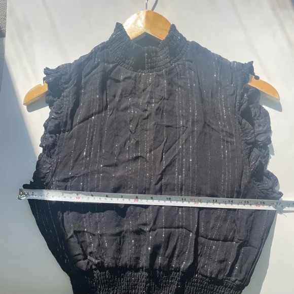 Elan Black Metallic Stripe Ruffle Mini Dress Smocked Waist Size M - Picture 5 of 8